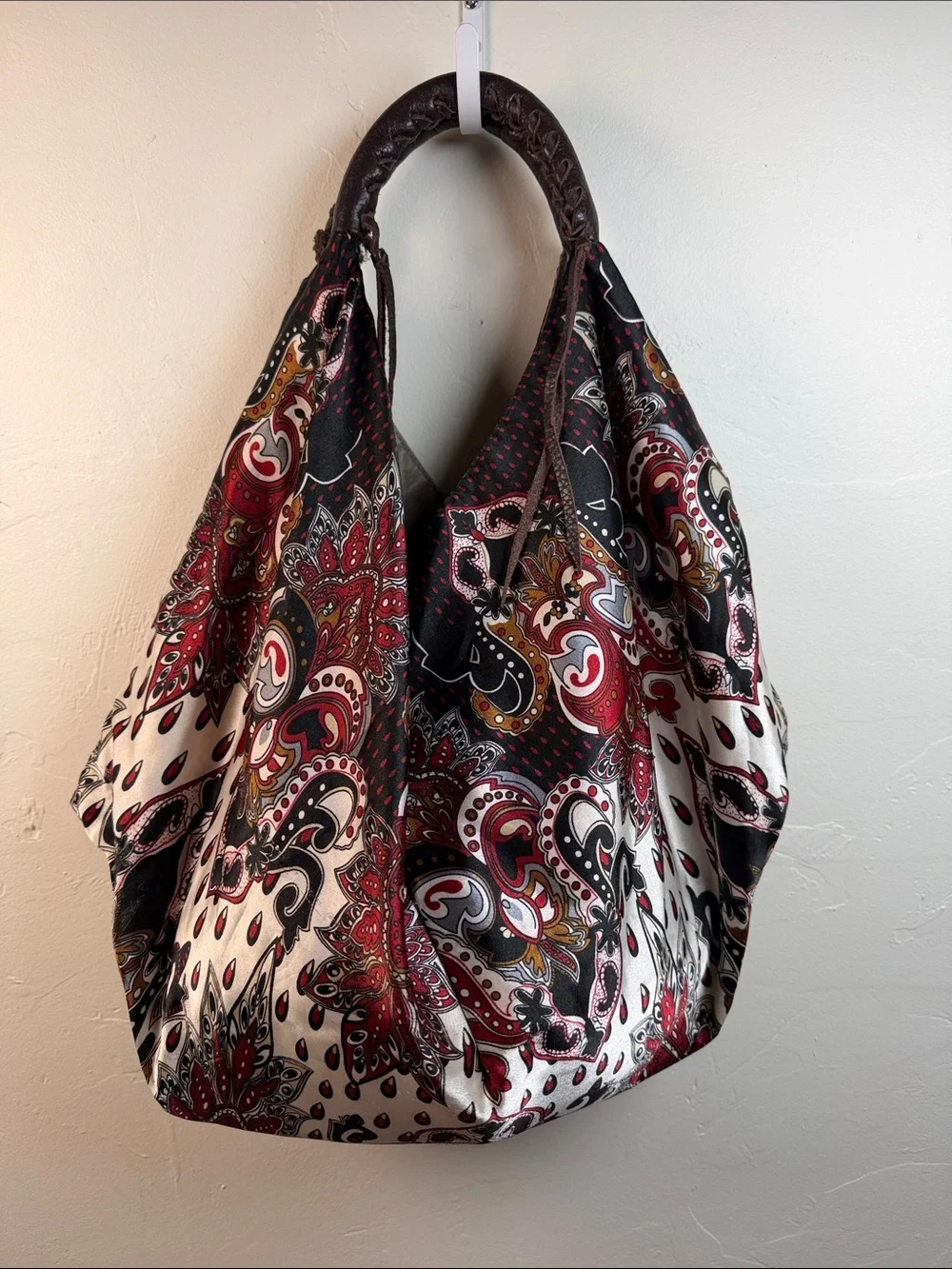 Boho Paisley Slouch Tote Bag in Red and Black Satin with leather handles